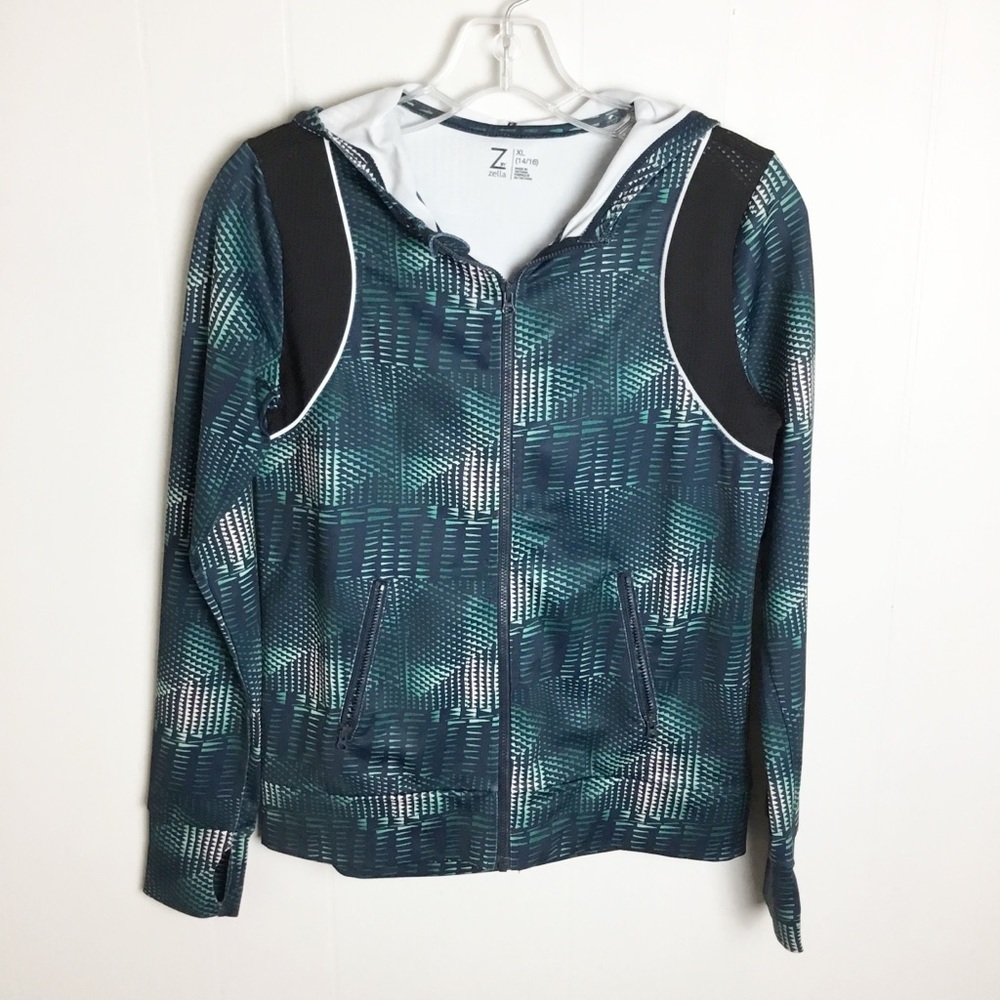 Z By Zella Girls Size XL 14/16 Or Womens S Gym Jacket Green & White Hoodie